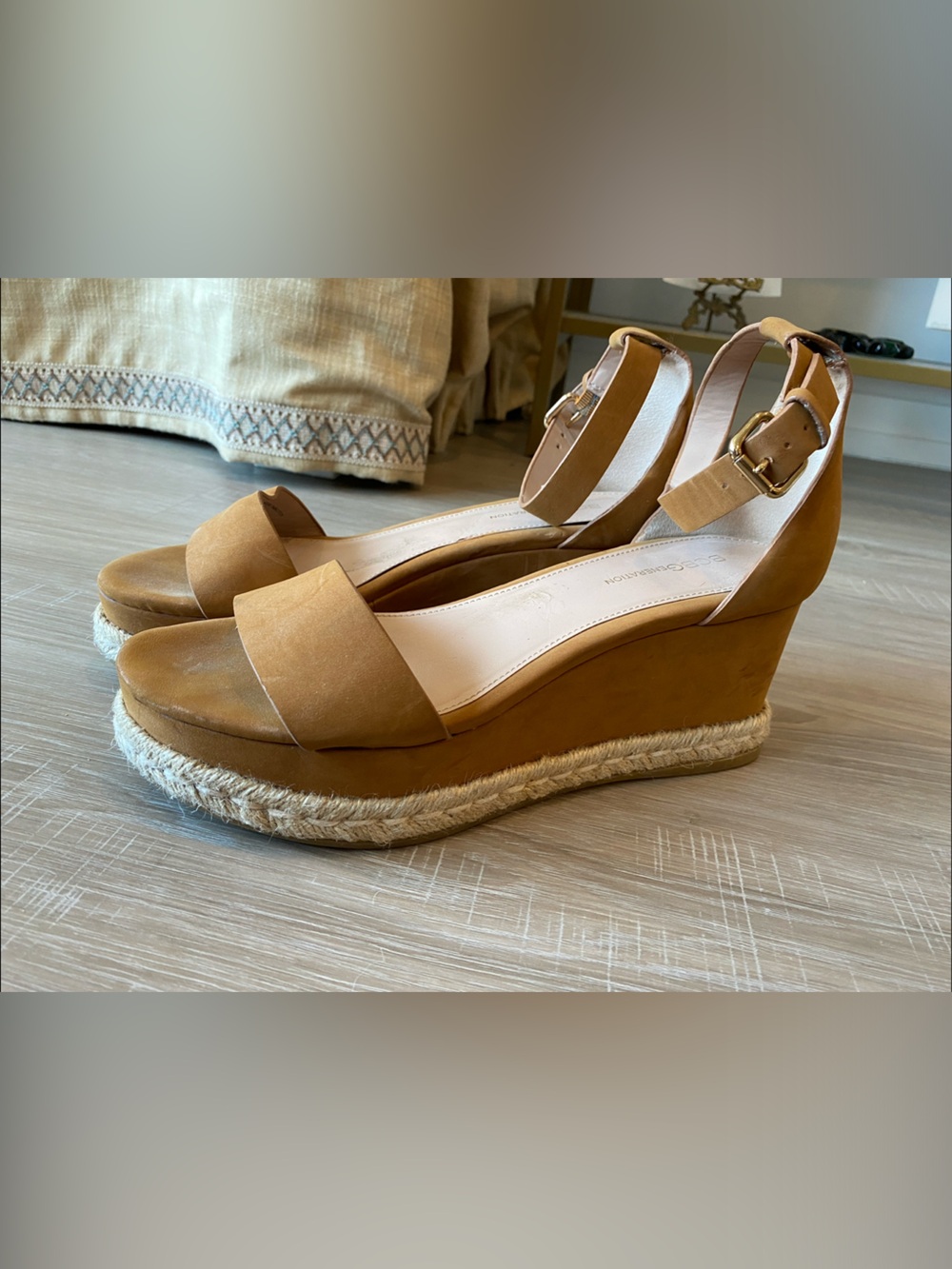BCBGeneration Tan Espadrille Wedge Sandals with Ankle Strap
